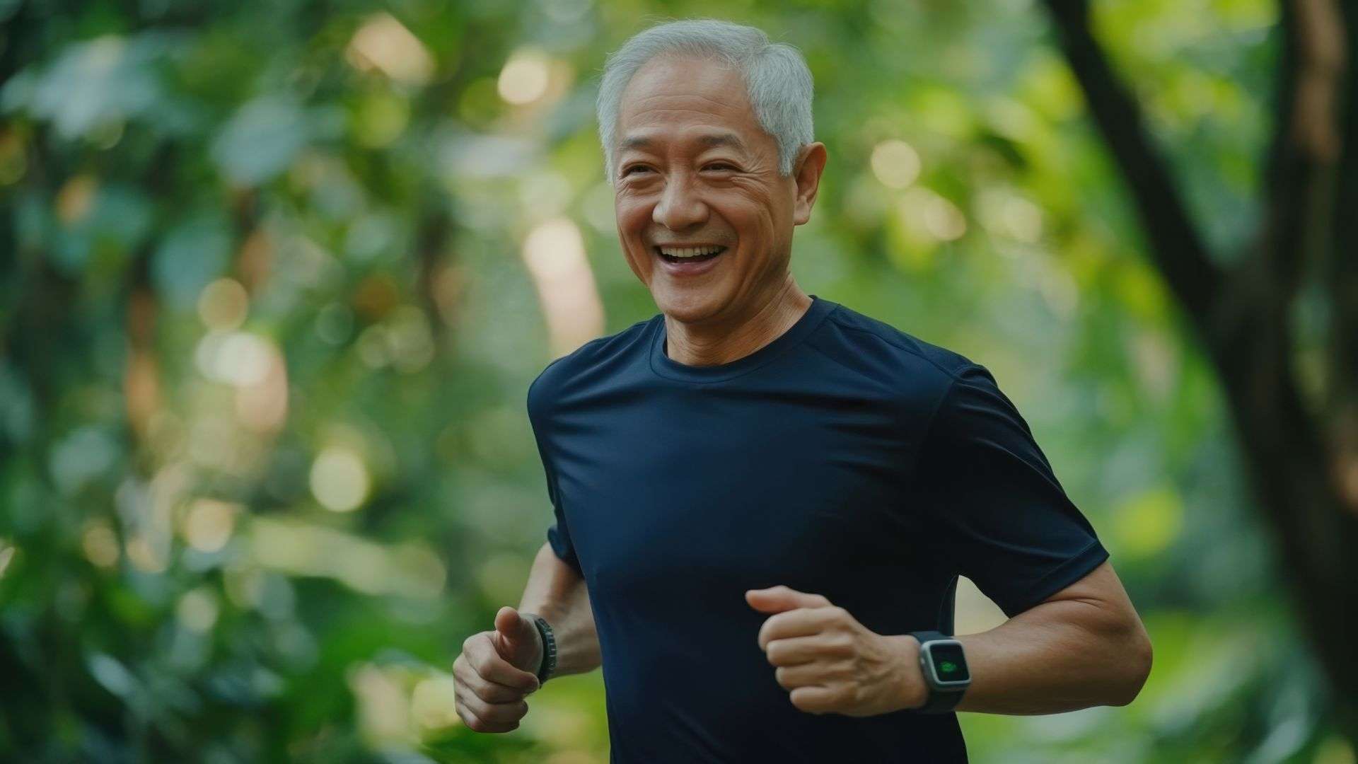Older man with grey hair jogging