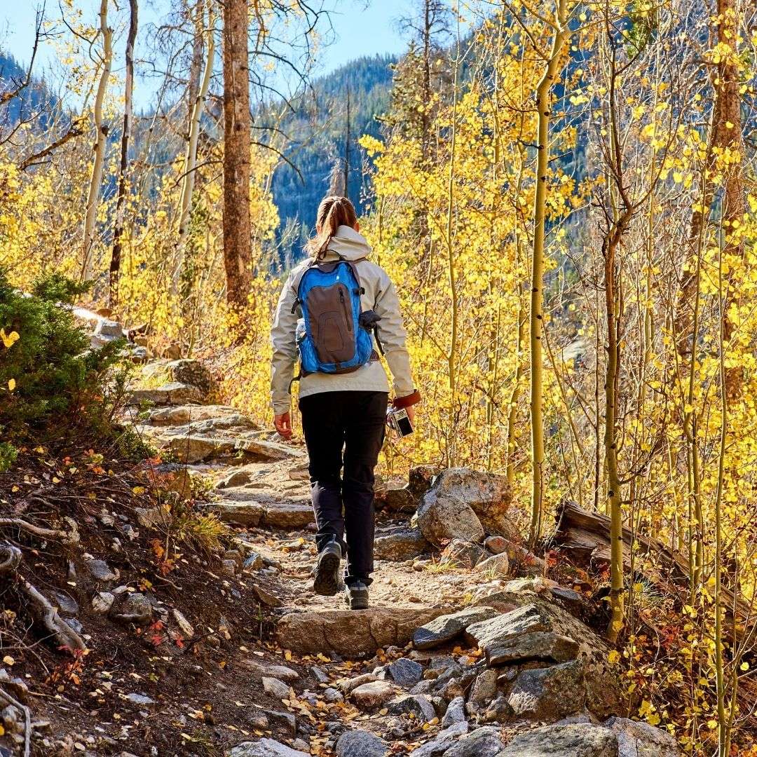 Woman hiking up stone path