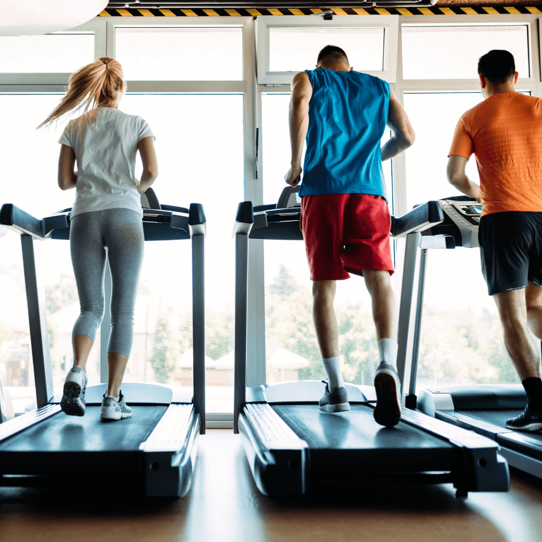 group of people exercising on treadmills